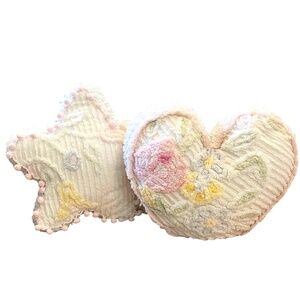 Set Of 2 Blue Moon Vintage Chenille‎ Heart/ Star Shape Pillow With Pompom Fringe